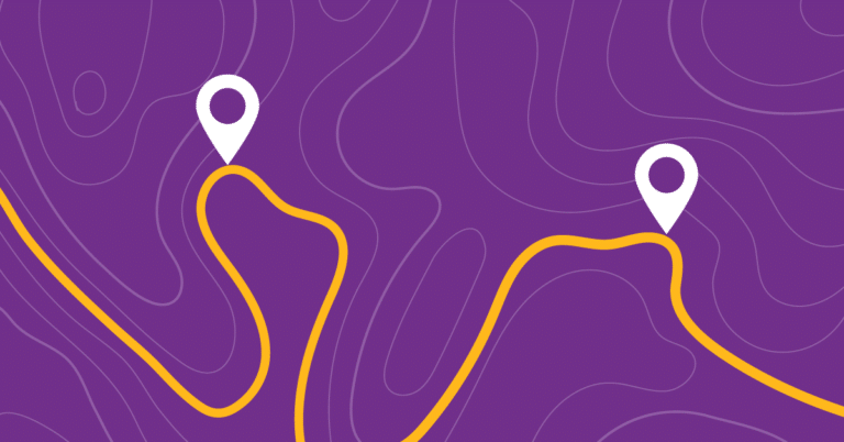 a purple topographic map with one yellow line connecting three points