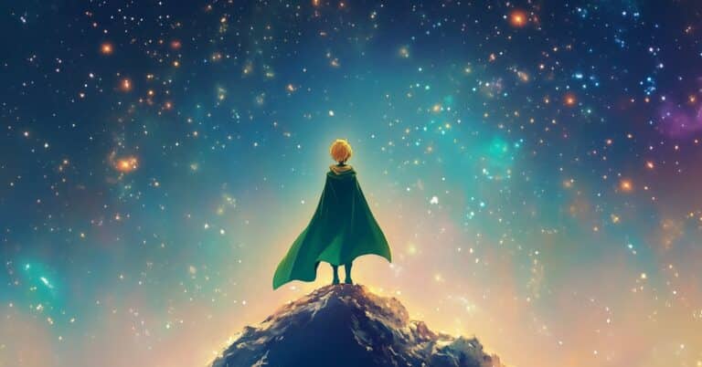 The prince from The Little Prince gazing at a starry sky from a mountain peak