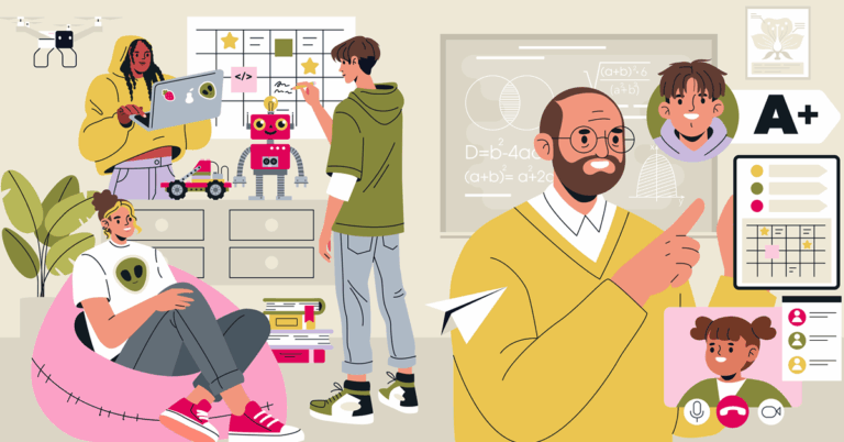 illustration learners in a robotics classroom and an educator with learners in a math setting, one being on a videocall screen