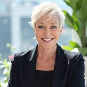 Portrait of a white woman with light hazel eyes and white hair, wearing a black shirt and blazer over it. She's crossing her arms and smiling in front of a window with plants in the sill.