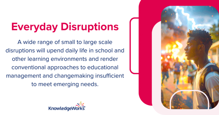 everyday disruptions and its definiton, along with the image from the forecast in support of it, depecting extreme weather and chaos in the background while a scared young black man looks off camera
